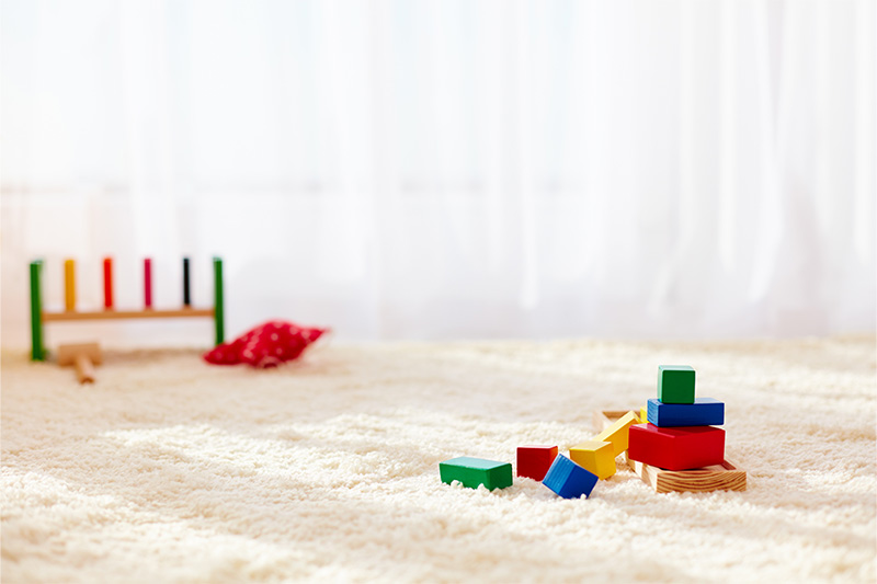 Wooden toy bricks strewn across fluffy carpet